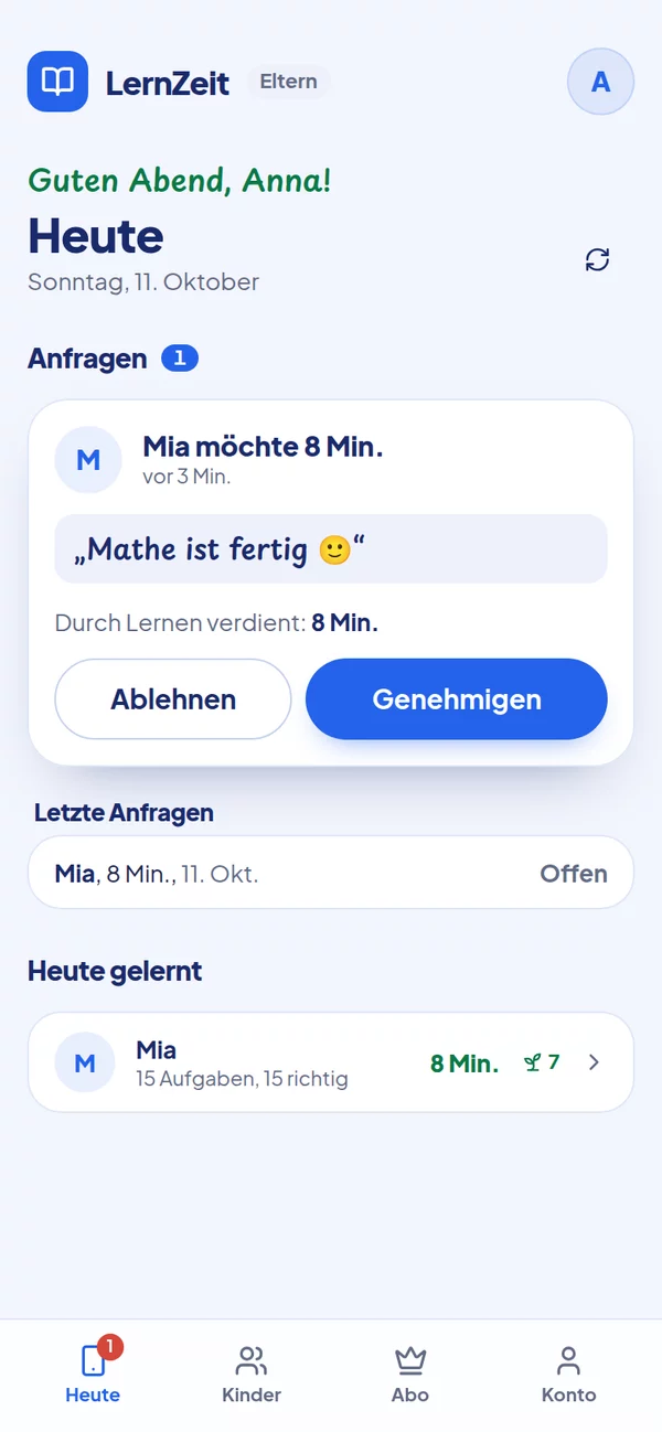 Eltern-Ansicht: Anfrage von Mia über 8 Minuten mit Genehmigen und Ablehnen