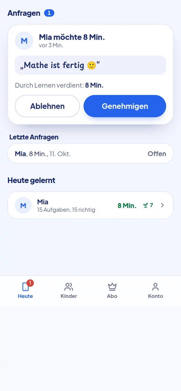 Eltern-Ansicht: Anfrage von Mia über 8 Minuten mit Nachricht, Knöpfe „Ablehnen“ und „Genehmigen“