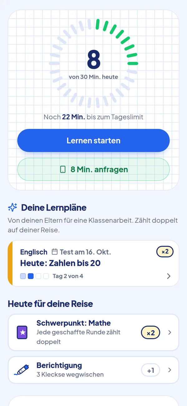 Kinder-Ansicht: Zeit-Uhr mit 8 von 60 Minuten, Knöpfe „Lernen starten“ und „8 Min. anfragen“