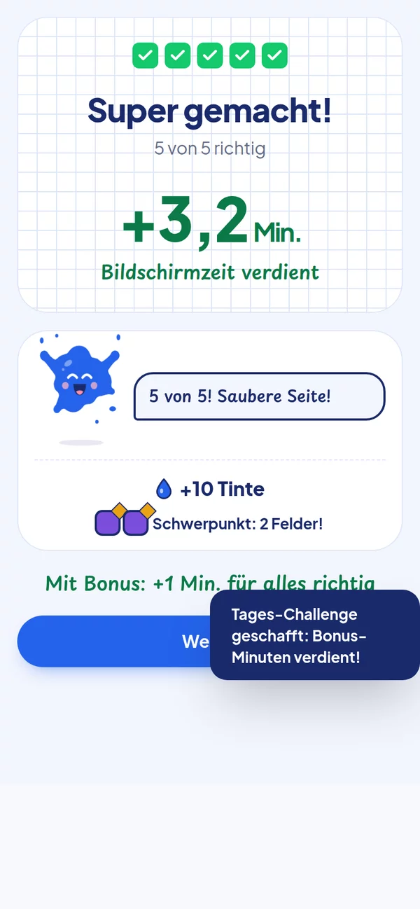 Ende einer Runde: 5 von 5 richtig, +3,2 Minuten Bildschirmzeit verdient